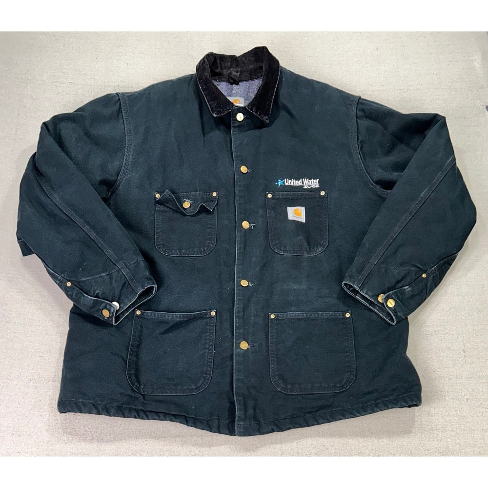 Vintage Carhartt C01 BLK Duck Chore Coat Mens 50 Black Blanket Lined Work Jacket
